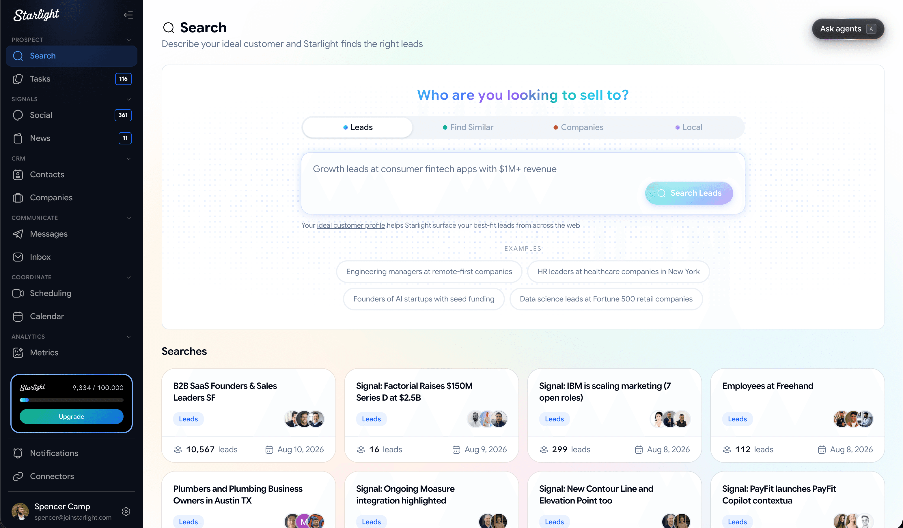 The Starlight app, searching for leads from a plain-language description